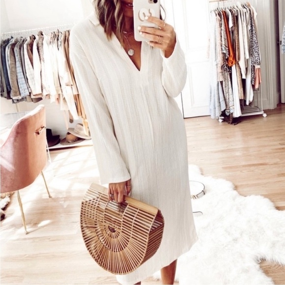 FREE PEOPLE BEACH Astr Ivory long v-neck collared Dress Cover-up - Picture 11 of 11